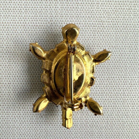 Vintage Turtle Brooch Teal Glass Rhinestones - Picture 6 of 10